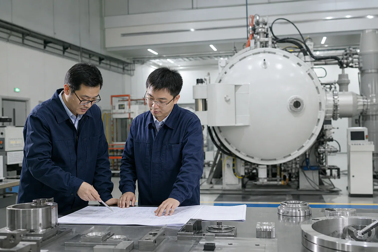 工程师在真空热工设备现场评审工艺方案